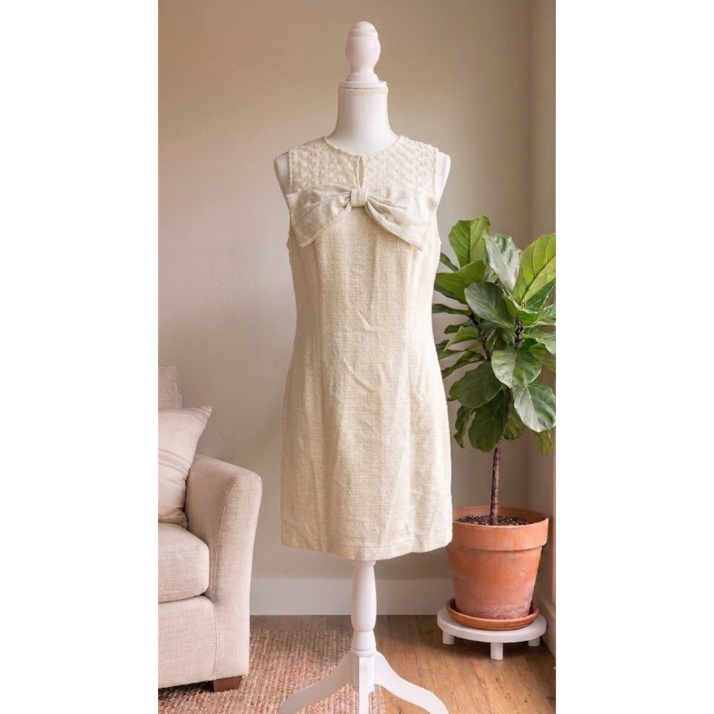 Monteau Tweed Sheath Dress Womens Large Cream Bow Lace Yoke Coquette Bridal